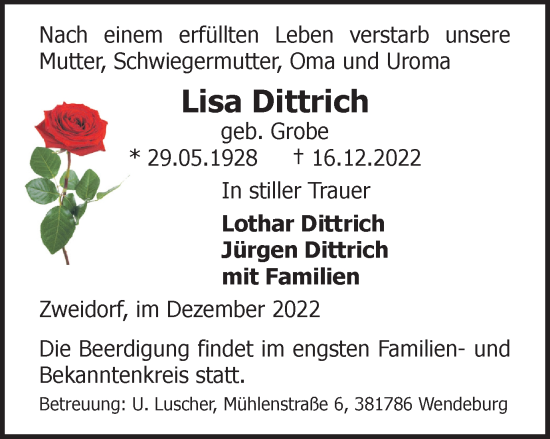 Traueranzeige von Lisa Dittrich von Peiner Nachrichten