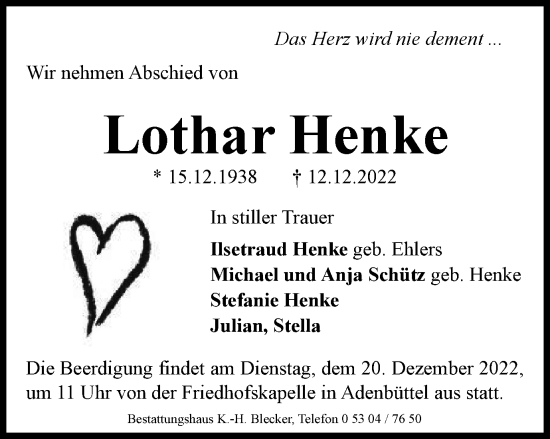 Traueranzeige von Lothar Henke von Braunschweiger Zeitung