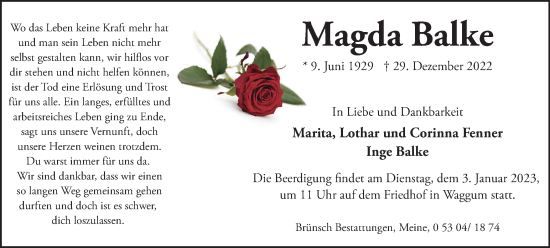 Traueranzeige von Magda Balke von Braunschweiger Zeitung