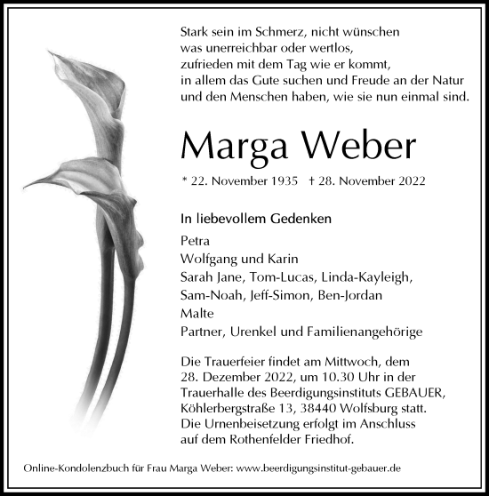 Traueranzeige von Marga Weber von Wolfsburger Nachrichten