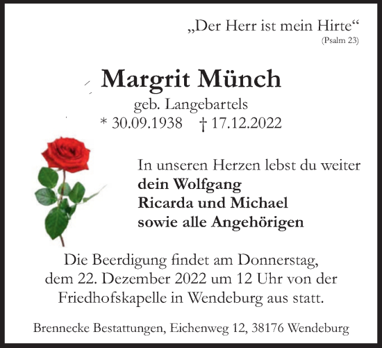 Traueranzeige von Margrit Münch von Peiner Nachrichten