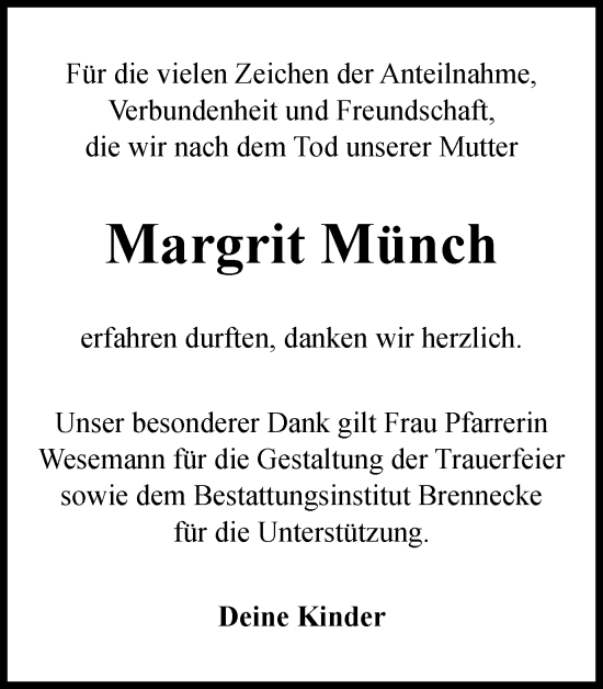 Traueranzeige von Margrit Münch von Peiner Nachrichten