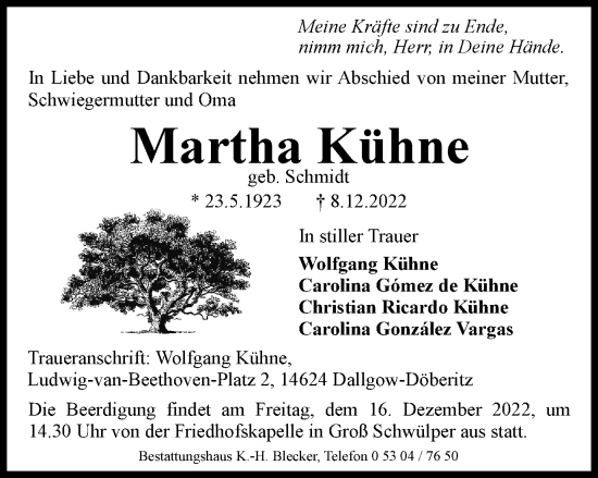 Traueranzeige von Martha Kühne von Wolfsburger Nachrichten, Peiner Nachrichten