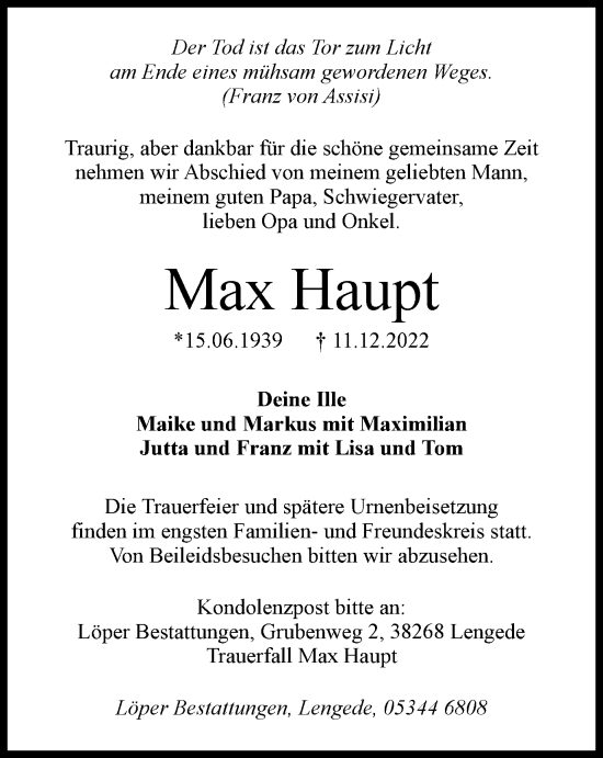 Traueranzeige von Max Haupt von Braunschweiger Zeitung