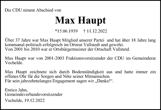 Traueranzeige von Max Haupt von Peiner Nachrichten