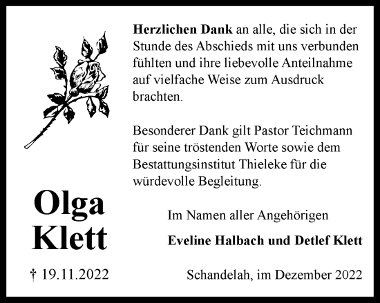 Traueranzeige von Olga Klett von Helmstedter Nachrichten, Wolfenbütteler Zeitung