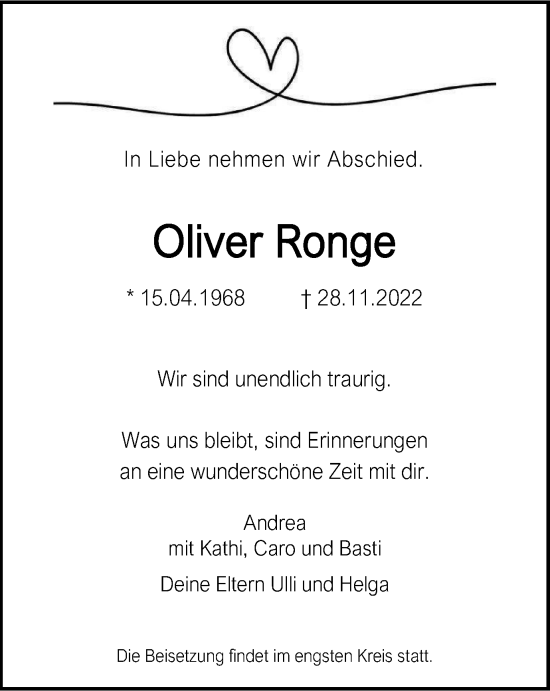 Traueranzeige von Oliver Ronge von Wolfsburger Nachrichten