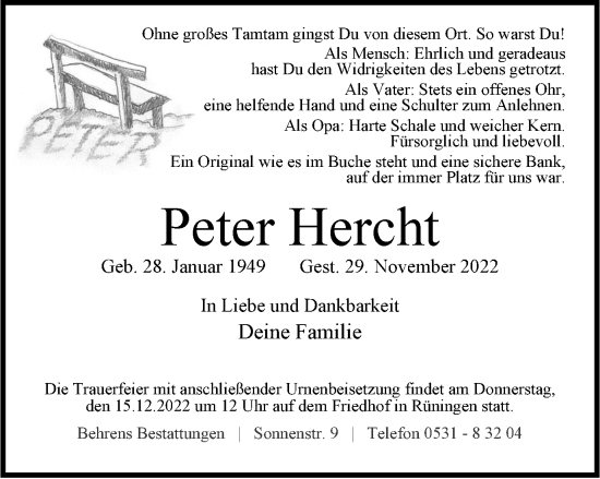 Traueranzeige von Peter Hercht von Braunschweiger Zeitung