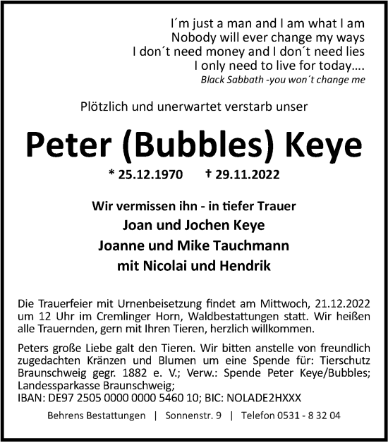 Traueranzeige von Peter Keye von Braunschweiger Zeitung