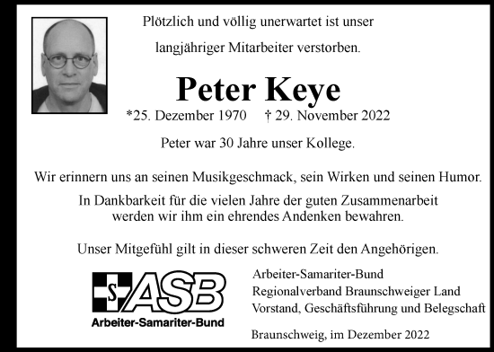 Traueranzeige von Peter Keye von Braunschweiger Zeitung