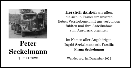 Traueranzeige von Peter Seckelmann von Peiner Nachrichten