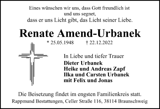 Traueranzeige von Renate Amend-Urbanek von Braunschweiger Zeitung