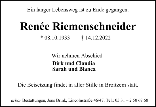 Traueranzeige von Renée Riemenschneider von Braunschweiger Zeitung