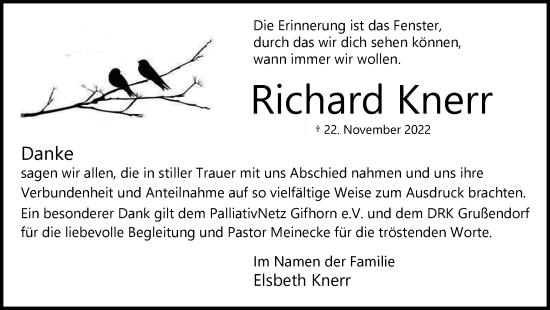 Traueranzeige von Richard Knerr von Wolfsburger Nachrichten