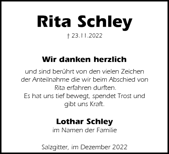 Traueranzeige von Rita Schley von Salzgitter-Zeitung