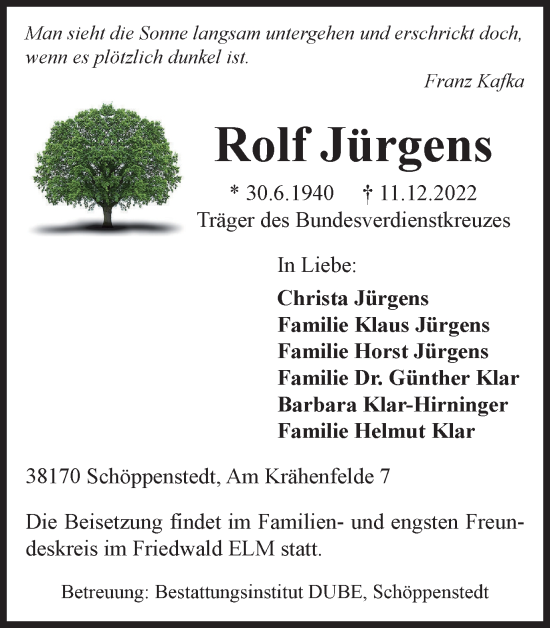 Traueranzeige von Rolf Jürgens von Wolfenbütteler Zeitung