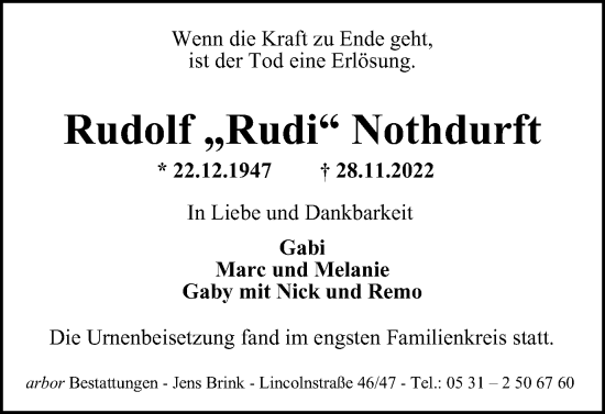 Traueranzeige von Rudolf Nothdurft von Braunschweiger Zeitung