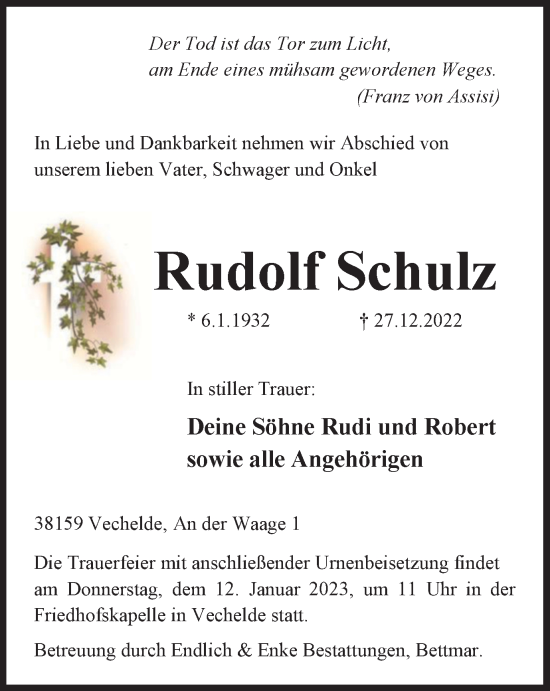 Traueranzeige von Rudolf Schulz von Peiner Nachrichten