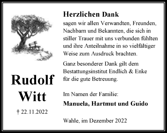 Traueranzeige von Rudolf Witt von Peiner Nachrichten