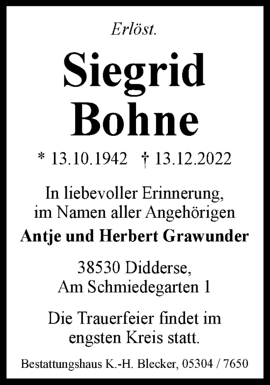 Traueranzeige von Siegrid Bohne von Braunschweiger Zeitung