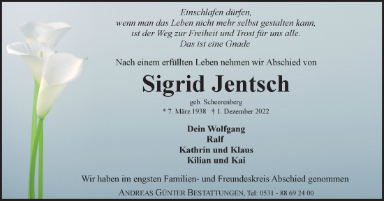 Traueranzeige von Sigrid Jentsch von Braunschweiger Zeitung