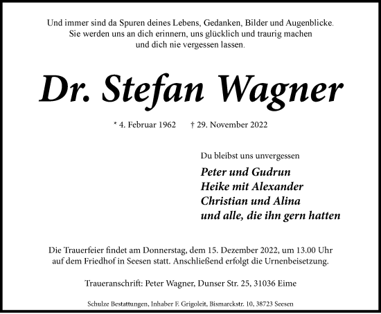 Traueranzeige von Stefan Wagner von Braunschweiger Zeitung