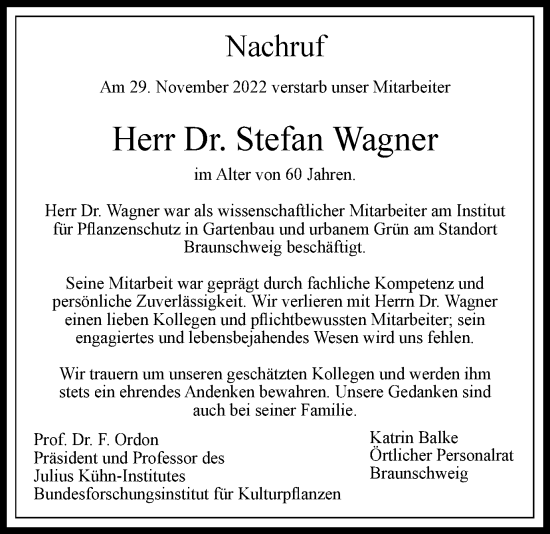 Traueranzeige von Stefan Wagner von Braunschweiger Zeitung