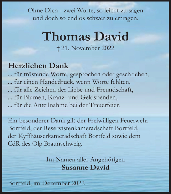 Traueranzeige von Thomas David von Braunschweiger Zeitung