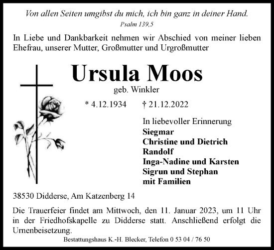 Traueranzeige von Ursula Moos von Braunschweiger Zeitung