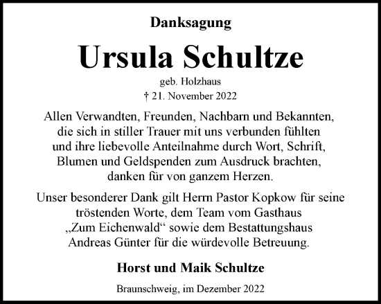 Traueranzeige von Ursula Schultze von Braunschweiger Zeitung