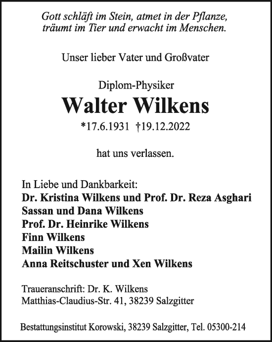 Traueranzeige von Walter Wilkens von Wolfenbütteler Zeitung