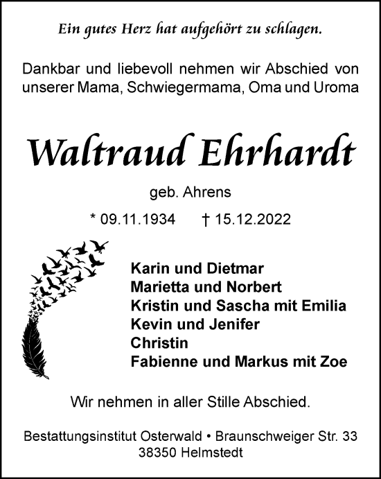 Traueranzeige von Wartraud Ehrhardt von Helmstedter Nachrichten