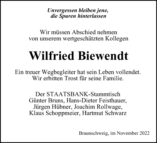 Traueranzeige von Wilfried Biewendt von Braunschweiger Zeitung