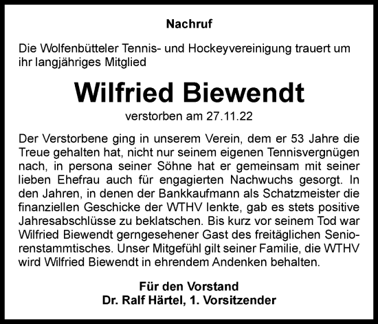 Traueranzeige von Wilfried Biewendt von Wolfenbütteler Zeitung