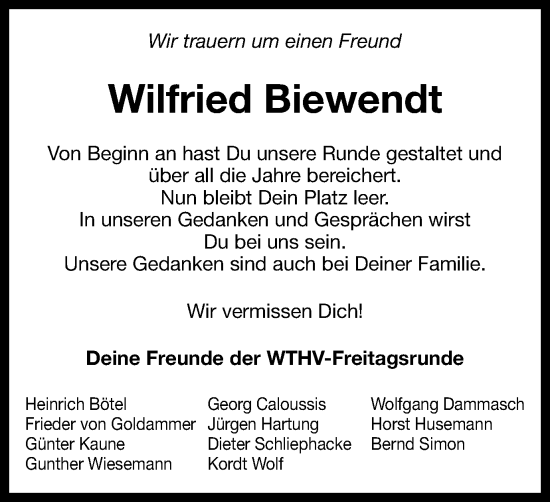 Traueranzeige von Wilfried Biewendt von Braunschweiger Zeitung