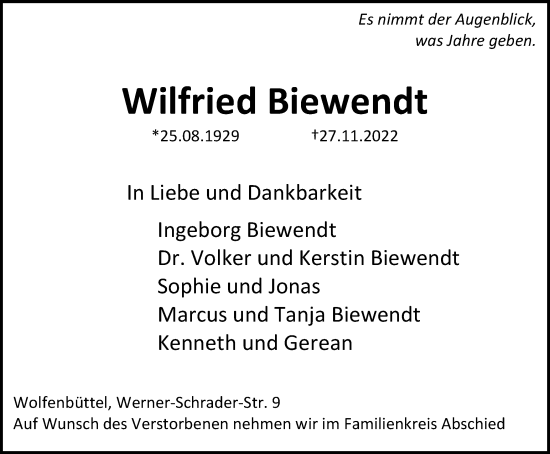 Traueranzeige von Wilfried Biewendt von Wolfenbütteler Zeitung