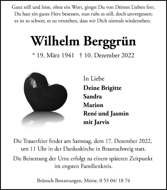 Traueranzeige von Wilhelm Berggrün von Braunschweiger Zeitung