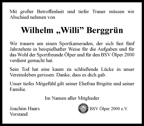 Traueranzeige von Wilhelm Berggrün von Braunschweiger Zeitung