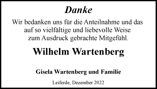 Traueranzeige von Wilhelm Wartenberg von Wolfsburger Nachrichten