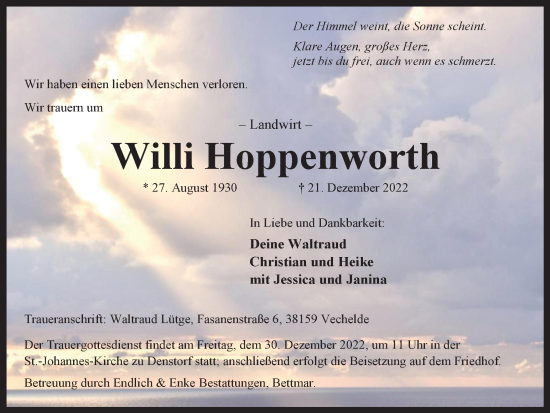 Traueranzeige von Willi Hoppenworth von Peiner Nachrichten