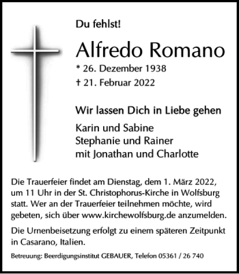 Traueranzeige von Alfredo Romano von Wolfsburger Nachrichten