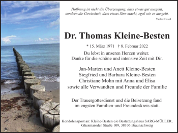 Traueranzeige von Dr. Thomas Kleine-Besten von Wolfsburger Nachrichten