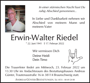 Traueranzeige von Erwin-Walter Riedel von Braunschweiger Zeitung