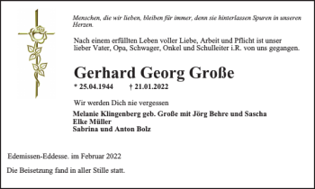 Traueranzeige von Gerhard Georg Große von Braunschweiger Zeitung