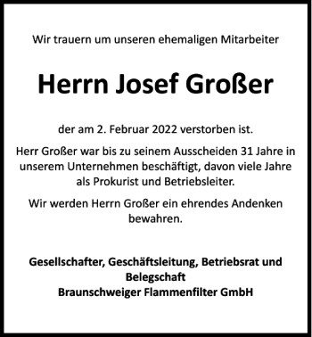 Traueranzeige von Josef Großer von Braunschweiger Zeitung