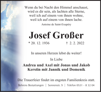 Traueranzeige von Josef Großer von Salzgitter Zeitung