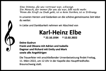 Traueranzeige von Karl-Heinz Elbe von Braunschweiger Zeitung