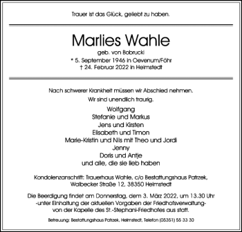 Traueranzeige von Marlies Wahle von Helmstedter Nachrichten