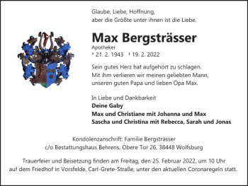 Traueranzeige von Max Bergsträsser von Wolfsburger Nachrichten