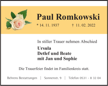 Traueranzeige von Paul Romkowski von Braunschweiger Zeitung